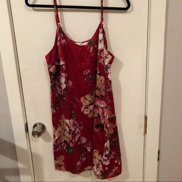 red floral slip dress
